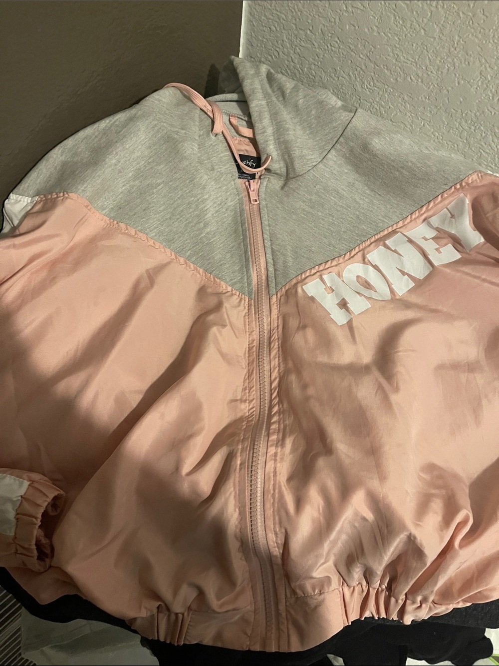 Justify Pink and Gray Honey Colorblock Bomber Jacket